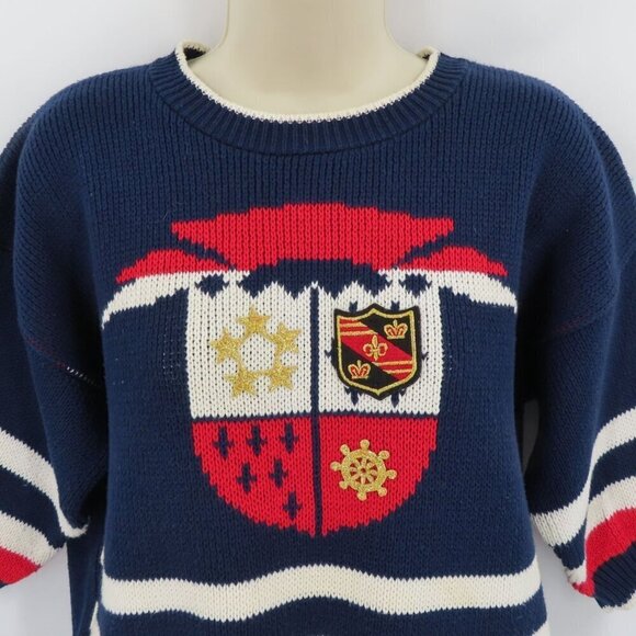 Sweater Loft Womens Medium Red White Blue Stripe Embroidered Crest Sweater Shirt - Picture 2 of 10